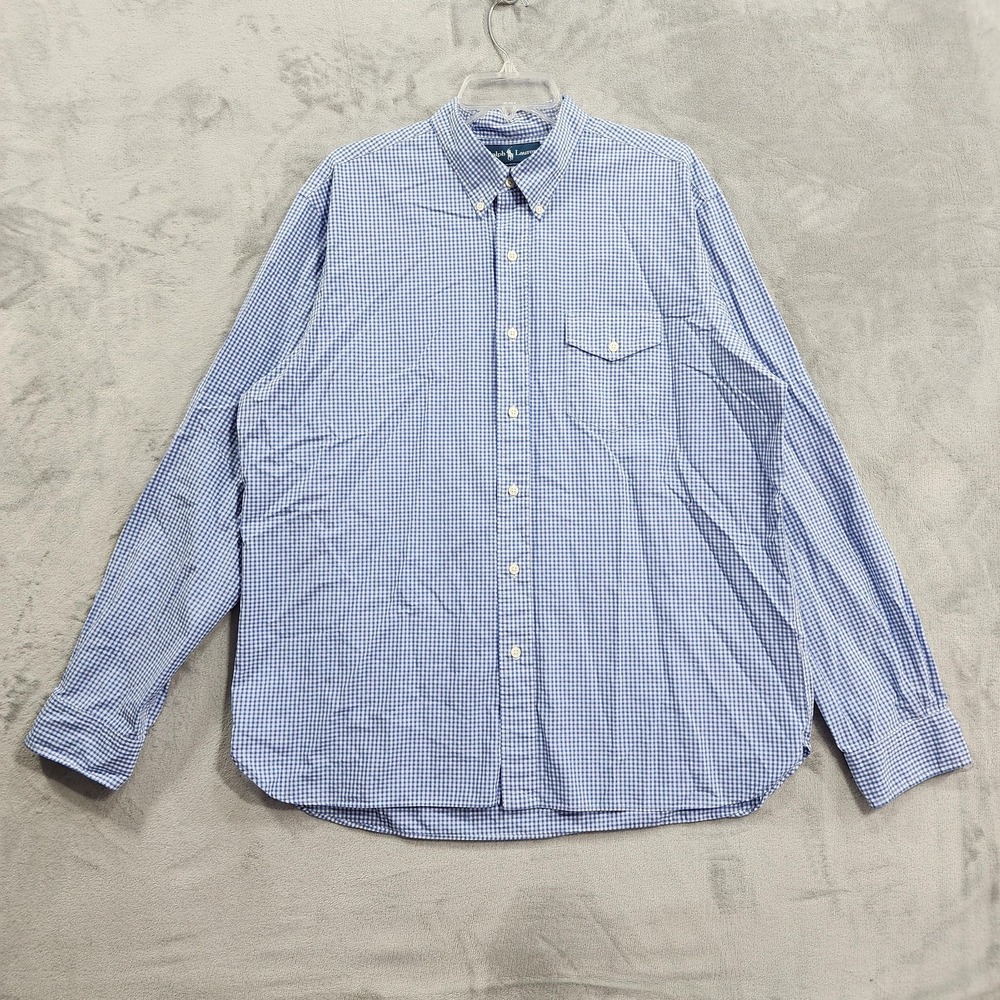 Vintage Ralph Lauren Top Mens M Blue Gingham Button Down Long Sleeve Custom Fit